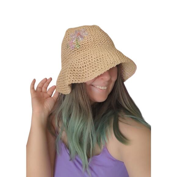 Vintage Y2K Limited Too Straw Bucket Hat Floral Flower Pastel Tan Bimbo McBling - Picture 1 of 6